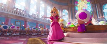 Movie still from “The Super Mario Bros. Movie” (2023), directed by Aaron Horvath – A princess peach doll in a pink dress; Wide shot, High angle