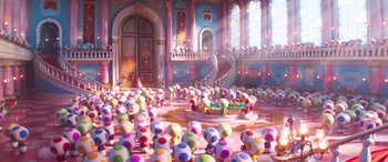 Movie still from “The Super Mario Bros. Movie” (2023), directed by Aaron Horvath – A room filled with lots and lots of colored balls; Extreme Wide shot, High angle