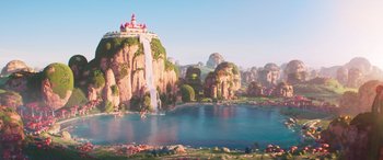 Movie still from “The Super Mario Bros. Movie” (2023), directed by Aaron Horvath – An illustration of a castle on top of a mountain; Extreme Wide shot, High angle