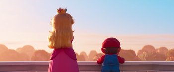 Movie still from “The Super Mario Bros. Movie” (2023), directed by Aaron Horvath – A woman and a child looking out of a window; Close Up shot, Over the shoulder angle