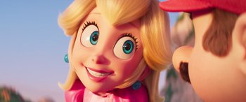 Movie still from “The Super Mario Bros. Movie” (2023), directed by Aaron Horvath – The face of a cartoon character; Close Up shot, Over the shoulder angle