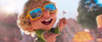 Movie still from “The Super Mario Bros. Movie” (2023), directed by Aaron Horvath – A cartoon character wearing sunglasses and holding a flag; Close Up shot, Low angle