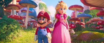 Movie still from “The Super Mario Bros. Movie” (2023), directed by Aaron Horvath – A couple of characters standing next to each other in a field; Medium shot, Over the shoulder angle
