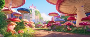 Movie still from “The Super Mario Bros. Movie” (2023), directed by Aaron Horvath – A lot of mushrooms on the ground; Extreme Wide shot, High angle