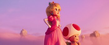 Movie still from “The Super Mario Bros. Movie” (2023), directed by Aaron Horvath – A statue of a princess and a toy mushroom; Medium shot, Low angle
