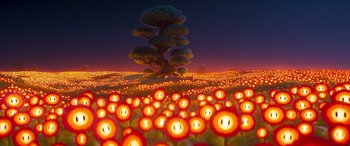 Movie still from “The Super Mario Bros. Movie” (2023), directed by Aaron Horvath – An image of a field of flowers at night; Extreme Wide shot, High angle