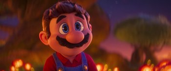 Movie still from “The Super Mario Bros. Movie” (2023), directed by Aaron Horvath – The face of a cartoon character; Close Up shot, Over the shoulder angle