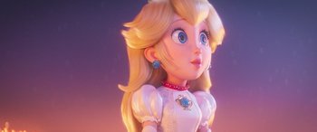 Movie still from “The Super Mario Bros. Movie” (2023), directed by Aaron Horvath – A cartoon character's eyes and mouth; Close Up shot, Over the shoulder angle