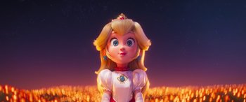 Movie still from “The Super Mario Bros. Movie” (2023), directed by Aaron Horvath – A cartoon of a girl in a white dress and a crown; Close Up shot, Low angle