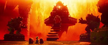 Movie still from “The Super Mario Bros. Movie” (2023), directed by Aaron Horvath – A giant fire dragon is in the middle of the sky; Extreme Wide shot, Low angle