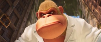 Movie still from “The Super Mario Bros. Movie” (2023), directed by Aaron Horvath – A monkey's face in a white shirt; Close Up shot, Low angle