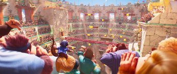 Movie still from “The Super Mario Bros. Movie” (2023), directed by Aaron Horvath – A group of people watching a roller coaster ride; Extreme Wide shot, High angle
