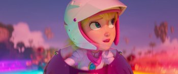 Movie still from “The Super Mario Bros. Movie” (2023), directed by Aaron Horvath – A cartoon girl wearing a helmet; Close Up shot, Low angle