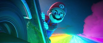 Movie still from “The Super Mario Bros. Movie” (2023), directed by Aaron Horvath – A cartoon of a man holding a pole with his mouth open; Medium shot, Low angle