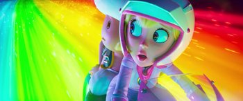 Movie still from “The Super Mario Bros. Movie” (2023), directed by Aaron Horvath – Two cartoon characters are riding on a bicycle; Close Up shot, Low angle