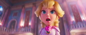 Movie still from “The Super Mario Bros. Movie” (2023), directed by Aaron Horvath – A doll with a surprised look on its face; Close Up shot, Over the shoulder angle