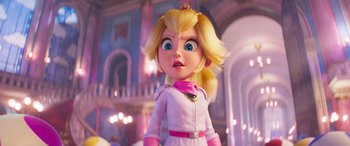 Movie still from “The Super Mario Bros. Movie” (2023), directed by Aaron Horvath – A blonde haired girl with blue eyes wearing a white dress; Close Up shot, Over the shoulder angle