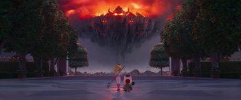 Movie still from “The Super Mario Bros. Movie” (2023), directed by Aaron Horvath – A video game scene with a giant mushroom in the background; Extreme Wide shot, Low angle