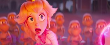 Movie still from “The Super Mario Bros. Movie” (2023), directed by Aaron Horvath – A character in a pink outfit; Close Up shot, Over the shoulder angle