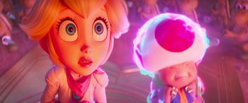 Movie still from “The Super Mario Bros. Movie” (2023), directed by Aaron Horvath – A character's eyes and mouth; Close Up shot, Over the shoulder angle