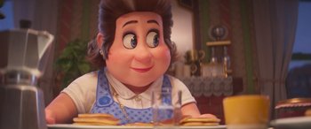 Movie still from “The Super Mario Bros. Movie” (2023), directed by Aaron Horvath – An animated woman sitting at a table with a plate; Close Up shot, Over the shoulder angle