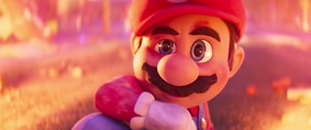 Movie still from “The Super Mario Bros. Movie” (2023), directed by Aaron Horvath – The face of a toy mario; Close Up shot, Over the shoulder angle