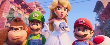 Movie still from “The Super Mario Bros. Movie” (2023), directed by Aaron Horvath – A group of cartoon characters standing next to each other; Medium shot, Over the shoulder angle
