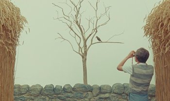 Movie still from “The Swan” (2023), directed by Wes Anderson – A man standing next to a tree with a bird perched on it; Wide shot, Low angle