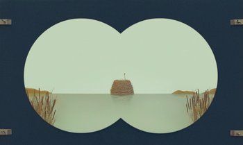 Movie still from “The Swan” (2023), directed by Wes Anderson – An image of an island in the middle of the ocean; Extreme Wide shot, Low angle