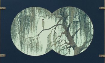 Movie still from “The Swan” (2023), directed by Wes Anderson – A man standing on a tree branch in front of a tree; Extreme Wide shot, Overhead angle