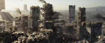 Movie still from “Elysium” (2013), directed by Neill Blomkamp – An aerial view of a large city with a lot of buildings; Extreme Wide shot, High angle