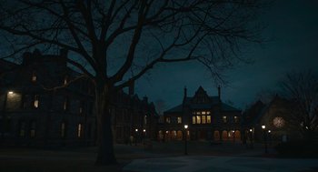 Movie still from “The Tender Bar” (2021), directed by George Clooney – A tree in front of a large building at night time; Extreme Wide shot, Low angle