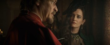 Movie still from “The Three Musketeers - Part I: D'Artagnan” (2023), directed by Martin Bourboulon – A man and a woman are looking at one another; Close Up shot, Over the shoulder angle