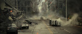 Movie still from “The Tomorrow War” (2021), directed by Chris McKay – An image of an apocalyptic scene with a car on the road; Extreme Wide shot, High angle