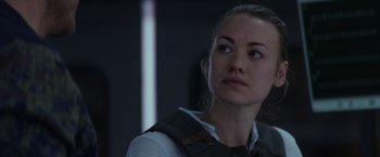 Movie still from “The Tomorrow War” (2021), directed by Chris McKay – A person looking up at something; Close Up shot, Over the shoulder angle