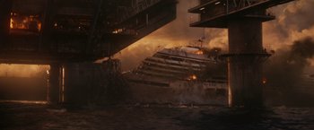 Movie still from “The Tomorrow War” (2021), directed by Chris McKay – An image of a ship in the water at night time; Extreme Wide shot, High angle
