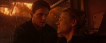 Movie still from “The Tomorrow War” (2021), directed by Chris McKay – A man and a woman looking at one another; Close Up shot, Over the shoulder angle