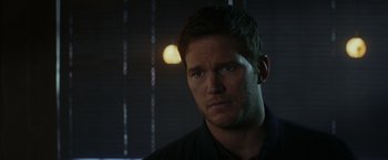 Movie still from “The Tomorrow War” (2021), directed by Chris McKay – A person wearing a black shirt; Close Up shot, Over the shoulder angle