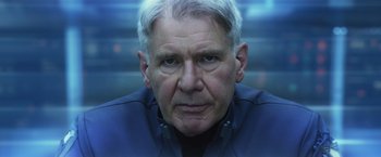 Movie still from “Ender's Game” (2013), directed by Gavin Hood – An older man with white hair is staring straight ahead; Close Up shot, Low angle