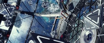 Movie still from “Ender's Game” (2013), directed by Gavin Hood – An overhead view of a building with a view of the earth; Extreme Wide shot, Overhead angle