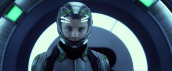 Movie still from “Ender's Game” (2013), directed by Gavin Hood – A person wearing a helmet in a space suit; Close Up shot, Low angle