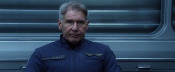 Movie still from “Ender's Game” (2013), directed by Gavin Hood – A man in a blue jacket is standing in front of stairs; Close Up shot, Low angle