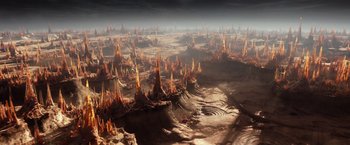 Movie still from “Ender's Game” (2013), directed by Gavin Hood – An image of an alien landscape with a lot of fire; Extreme Wide shot, High angle