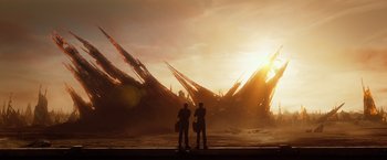 Movie still from “Ender's Game” (2013), directed by Gavin Hood – Two people are standing in front of an alien landscape; Extreme Wide shot, Low angle