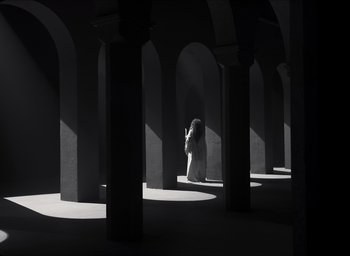Movie still from “The Tragedy of Macbeth” (2021), directed by Joel Coen – A woman in a white dress standing in the middle of an arched hallway; Extreme Wide shot, Low angle