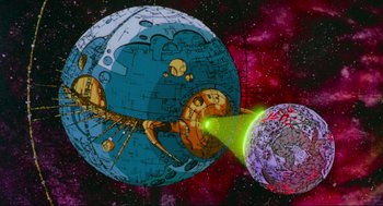 Movie still from “The Transformers: The Movie” (1986), directed by Nelson Shin – An image of an earth and a moon in space; Extreme Wide shot, Low angle