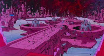 Movie still from “The Transformers: The Movie” (1986), directed by Nelson Shin – An artistic rendering of a futuristic city with pink lighting; Extreme Wide shot, High angle