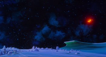 Movie still from “The Transformers: The Movie” (1986), directed by Nelson Shin – A painting of a boat in the middle of the night sky; Extreme Wide shot, Low angle