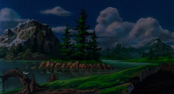 Movie still from “The Transformers: The Movie” (1986), directed by Nelson Shin – A painting of trees and a body of water; Extreme Wide shot, Low angle