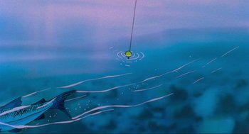 Movie still from “The Transformers: The Movie” (1986), directed by Nelson Shin – A painting of a fishing pole with a ball in the water; Extreme Wide shot, Overhead angle